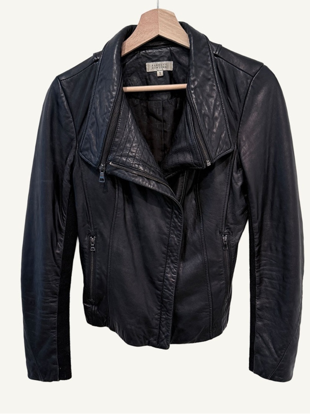 Barneys New York Leather Jacket Black Zip Off Collar Small - Picture 2 of 12